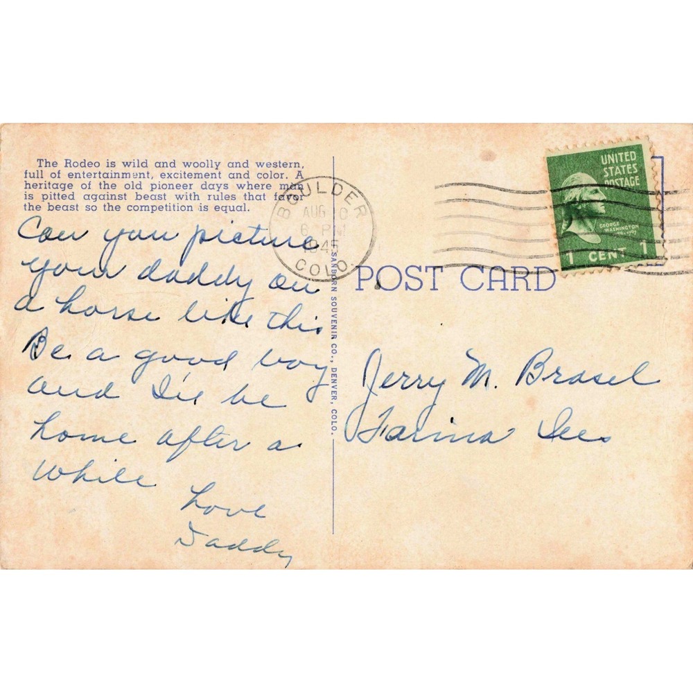 Vintage 1944 Cowboy Riding Wild Bucking Bronco Linen Postcard Boulder Colorado - Picture 2 of 2